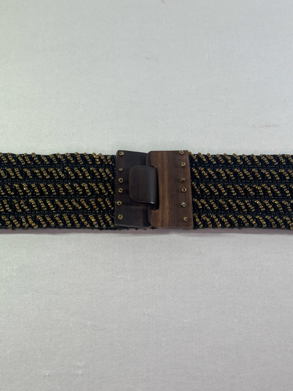 Vintage Boho Beaded Stretch Belt Bronze Brown Wood Buckle Wide Y2K Retro - Picture 6 of 12